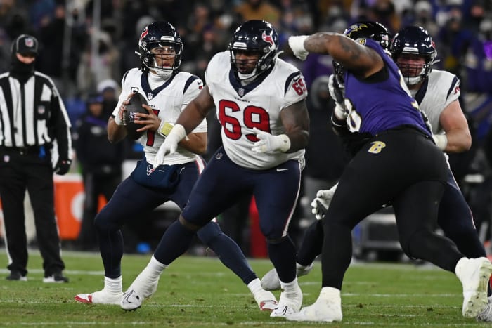Texans quarterback C.J. Stroud drops back to pass against the Baltimore Ravens during the second quarter of a 2024 AFC divisional round game at M&T Bank Stadium